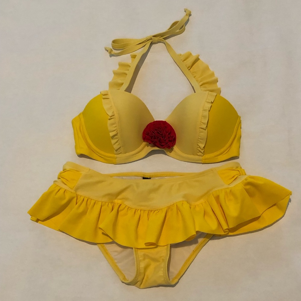 Beauty and the Beast Belle yellow two piece swimsuit with rose